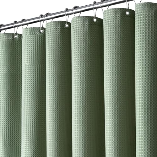 Bttn Sage Green Waffle Shower Curtain, Weighted Mould Proof Resistant Fabric Wet Room Shower Curtains, Heavy Duty Waterproof Washable Thick Cloth Shower Curtain Set With 12 Plastic Hooks(182 X 182cm)