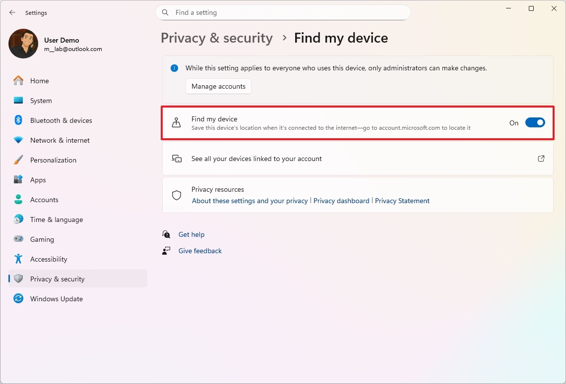 Windows 11 Find My Device feature