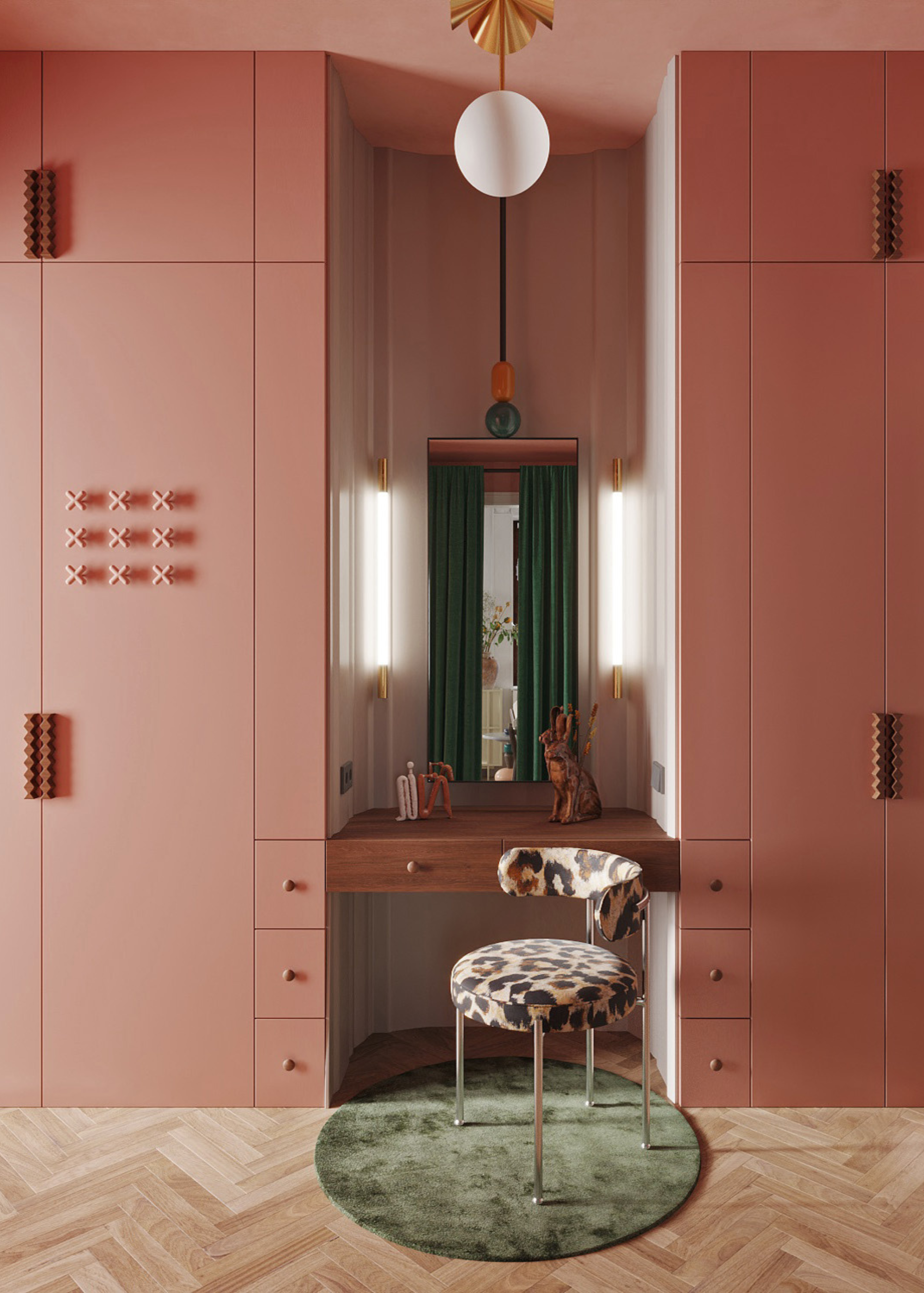 A tourmaline pink dressing room with an animal print stool on a green rug