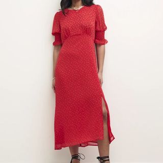 red printed midi dress