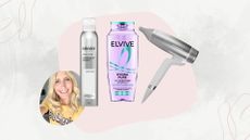 beauty editor charley williams howitt pictured smiling in a yellow t shirt beside nioxin dry shampoo, elvive shampoo and ghd speed hair dryer