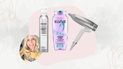 beauty editor charley williams howitt pictured smiling in a yellow t shirt beside nioxin dry shampoo, elvive shampoo and ghd speed hair dryer