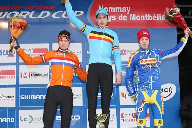 The U23 podium in Nommay: Mathieu van der Poel, Wout Van Aert and Michael Vanthourenhout