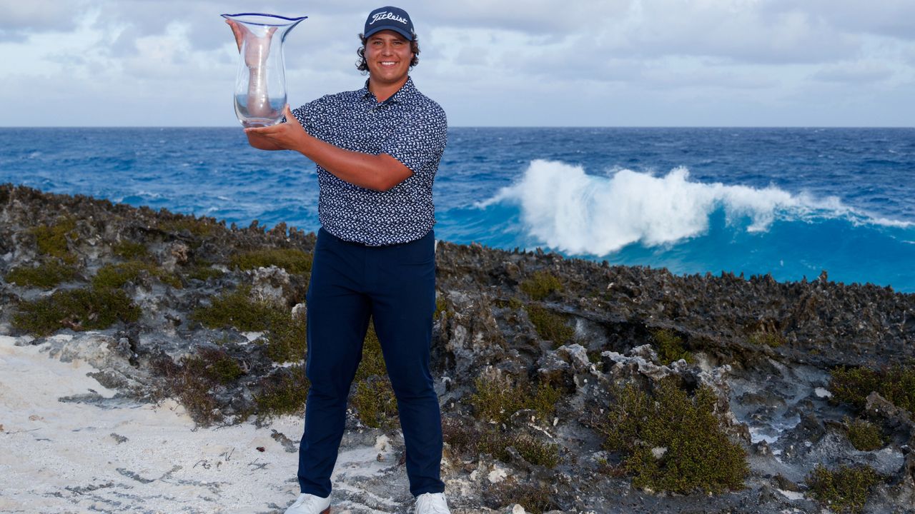 Aldrich Potgieter of South Africa poses with the trophy after winning The Bahamas Great Abaco Classic at The Abaco Cub on January 24, 2024 in Great Abaco, The Bahamas. 