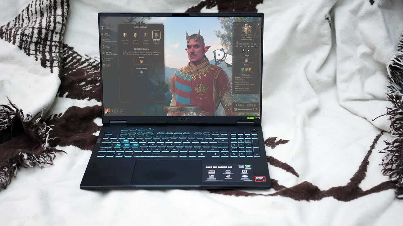 An Asus TUF Gaming A16 2025 on a white background, fit with an RTX 5050.