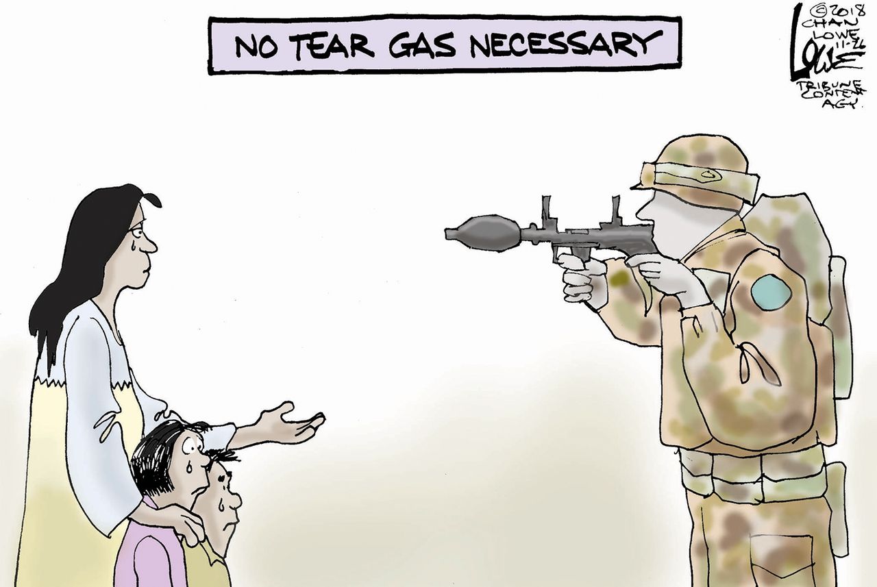 Political cartoon U.S. migrant caravan border patrol military tear gas