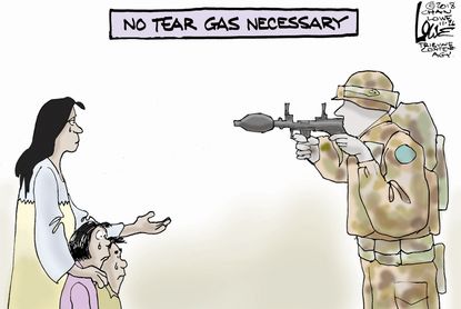 Political cartoon U.S. migrant caravan border patrol military tear gas