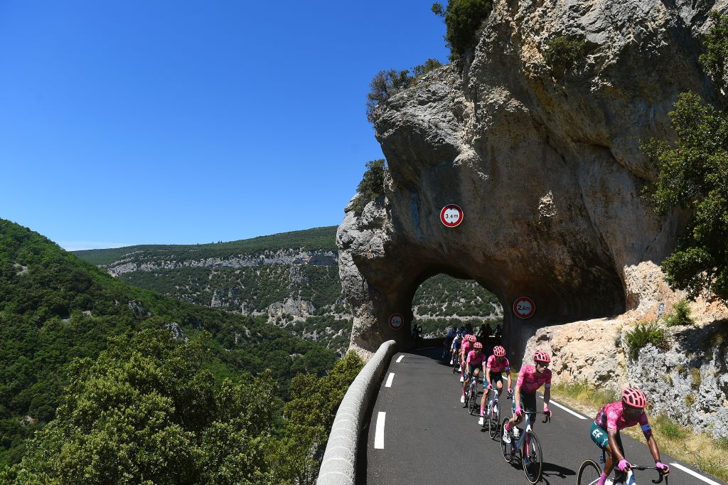 MONT VENTOUX FRANCE JUNE 14 A general view of the Peloton passing through a tunnel during the 4th Mont Ventoux Denivele Challenge 2022 a 153km one day race from VaisonlaRomaine to Mont Ventoux 1893m MVDC on June 14 2022 in Mont Ventoux France Photo by Dario BelingheriGetty Images