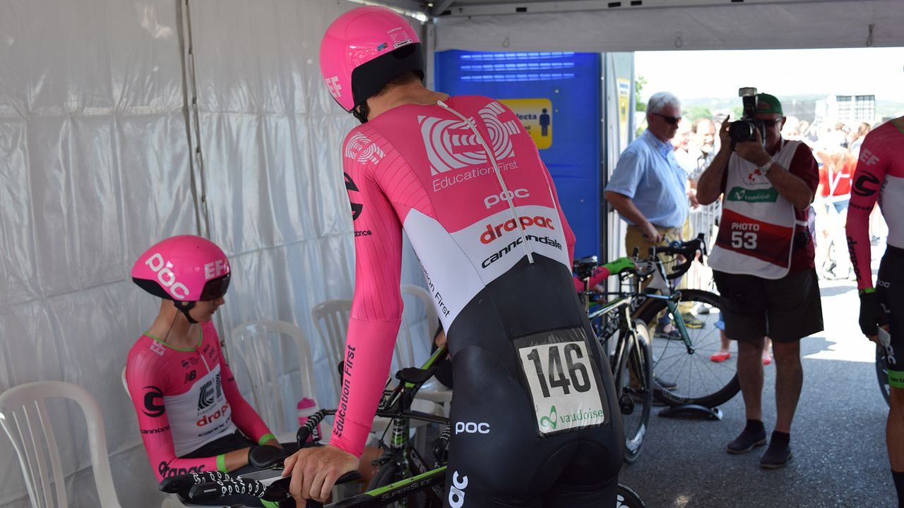 The single-piece POC speedsuit is zipped up at the rear to keep the frontal area of the suit as aerodynamic as possible
