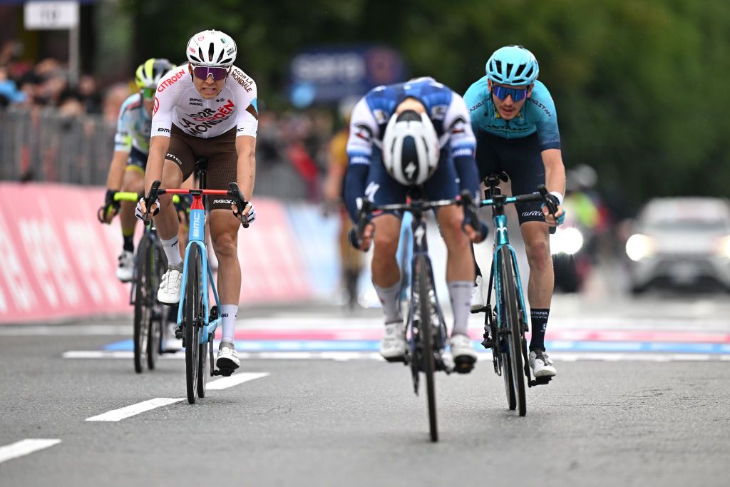 RIVOLI ITALY MAY 18 Ilan Van Wilder of Belgium and Team Soudal Quick Step crosses the finish line during the 106th Giro dItalia 2023 Stage 12 a 185km stage from Bra to Rivoli UCIWT on May 18 2023 in Rivoli Italy Photo by Stuart FranklinGetty Images