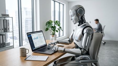 an ai agent sat at a laptop