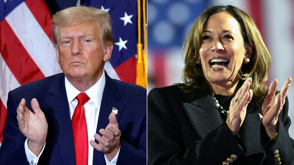 This combination of pictures created on November 4, 2024 shows former US President and 2024 presidential hopeful Donald Trump in Waterloo, Iowa, on December 19, 2023 and US Vice President and Democratic presidential candidate Kamala Harris in Philadelphia, Pennsylvania on November 4, 2024 ahead of the Trump vs Harris: US Presidential Election