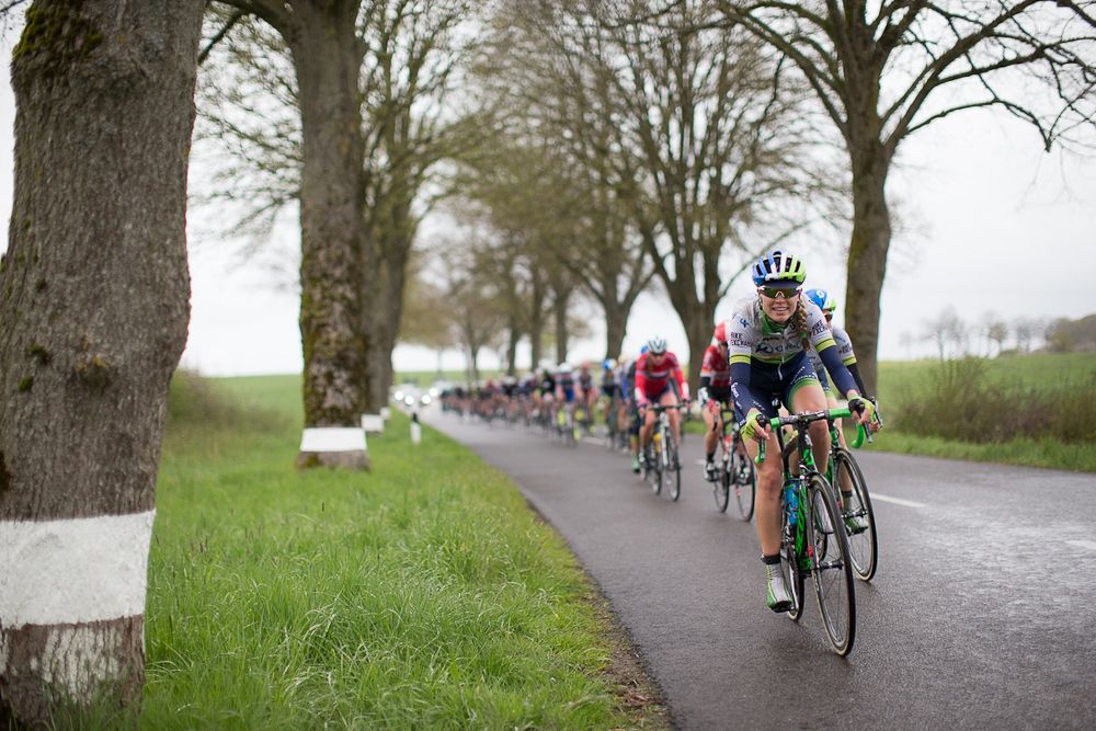 Tayler Wiles (USA) of Orica-AIS Cycling Team leads the chasing peloton in the first, 106.9km road race stage of Elsy Jacobs