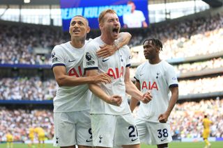Dejan Kulusevski of Tottenham Hotspur celebrates with teammates Richarlison and Destiny Udogie after scoring the team's second goal during the Premier League match between Tottenham Hotspur and Sheffield United at Tottenham Hotspur Stadium on September 16, 2023 in London, England.