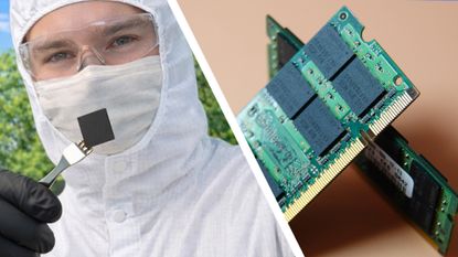 An image of a man in a lab coat holding a piece of RAM, next to two RAM sticks leaning against each other on a beige background