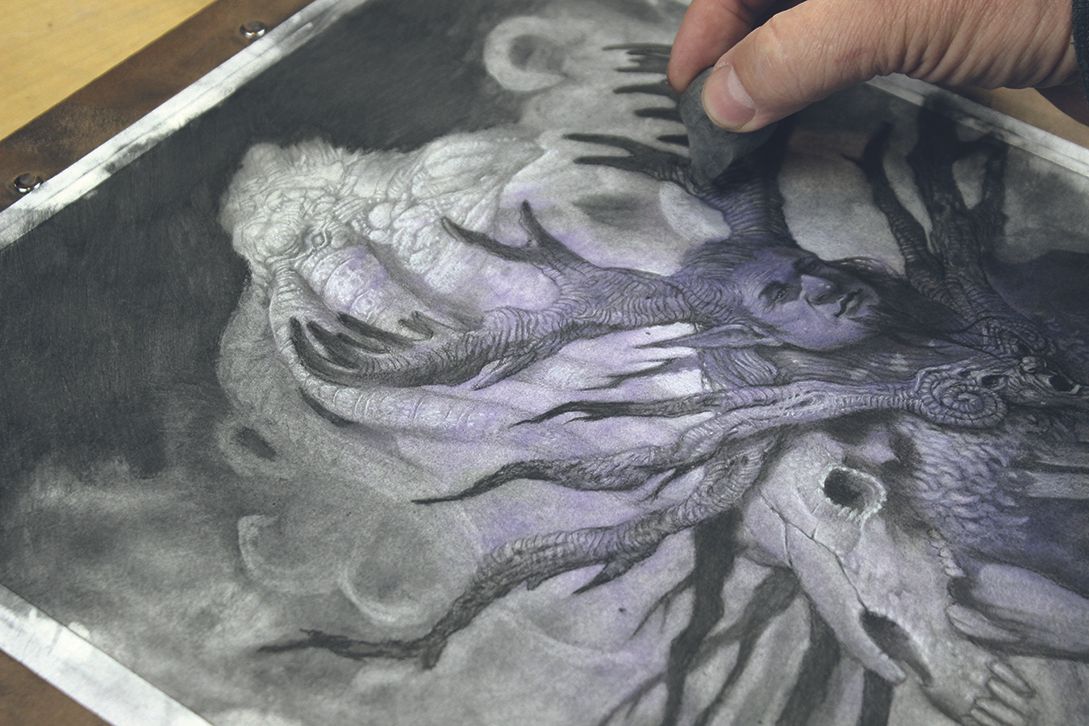 Image of a charcoal abstract character art in progress