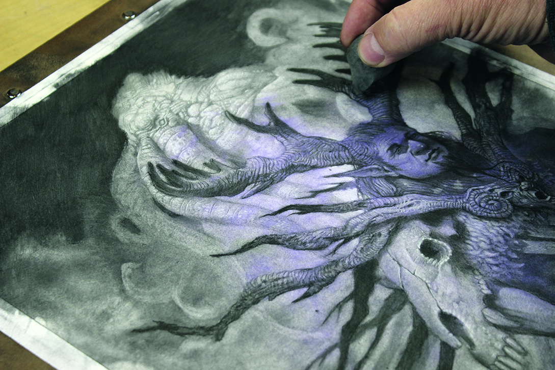 Image of a charcoal abstract character art in progress