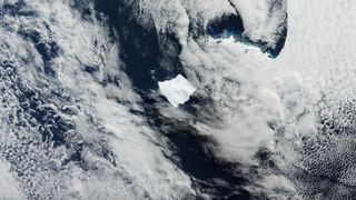 The Antarctic iceberg A-23A is captured 45 miles (73 kilometers) off the coast of South Georgia Island in the South Atlantic Ocean on April 5, 2025 by the European Space Agency’s Copernicus Sentinel-3 satellite.