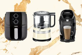 a collage showing the best Black Friday hoem appliance deals with an air fryer, kitchenaid and coffee machine