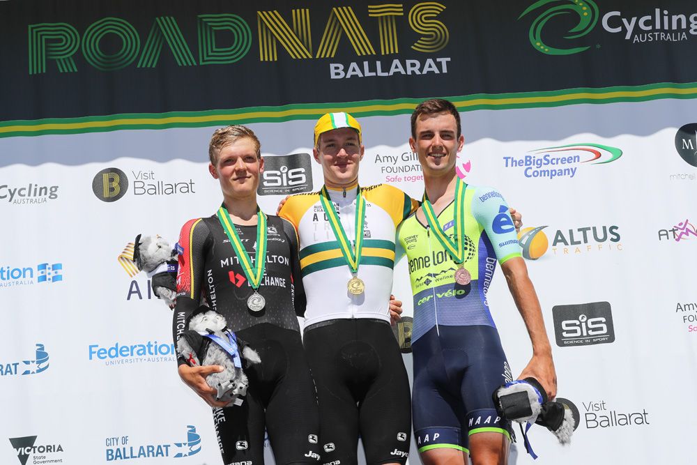 The U23 men's time trial podium (l-r): Samuel Jenner, Callum Scotson (Mitchelton-BikeExchange), Jason Lea (Bennelong SwissWellness)