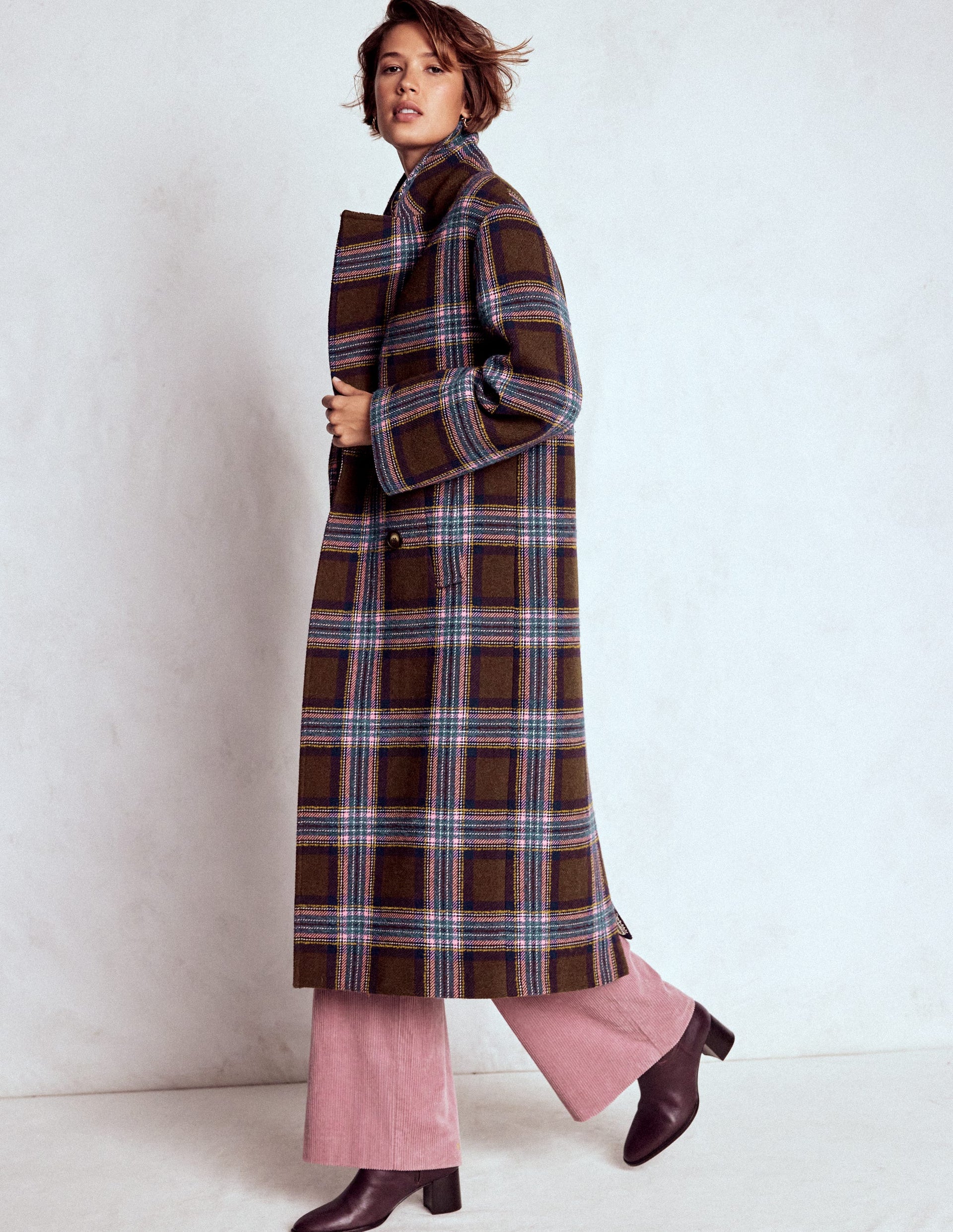 Cocoon Wool Coat-Brown, Teal and Pink Check