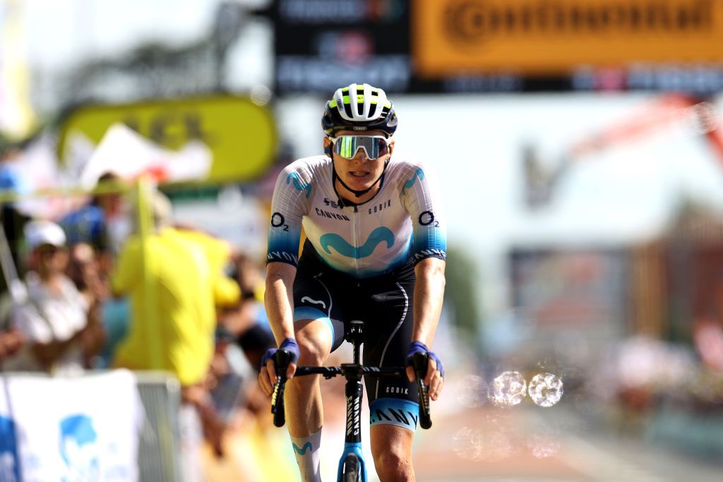 BELLEVILLEENBEAUJOLAIS FRANCE JULY 13 Matteo Jorgenson of The United States and Movistar Team crosses the finish line as third place during the stage twelve of the 110th Tour de France 2023 a 1688km stage from Roanne to Belleville en Beaujolais UCIWT on July 13 2023 in Belleville en Beaujolais France Photo by Michael SteeleGetty Images