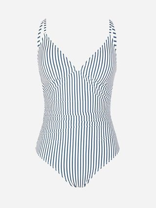 Cupshe Women Swimsuit One Piece V Neck Tummy Control Ruched Front Low Back Bathing Suit Swimwear Striped M