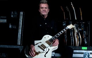 Billy Duffy with his white Gretsch Falcon, photographed backstage at the Hammersmith Apollo exclusively for Total Guitar magazine