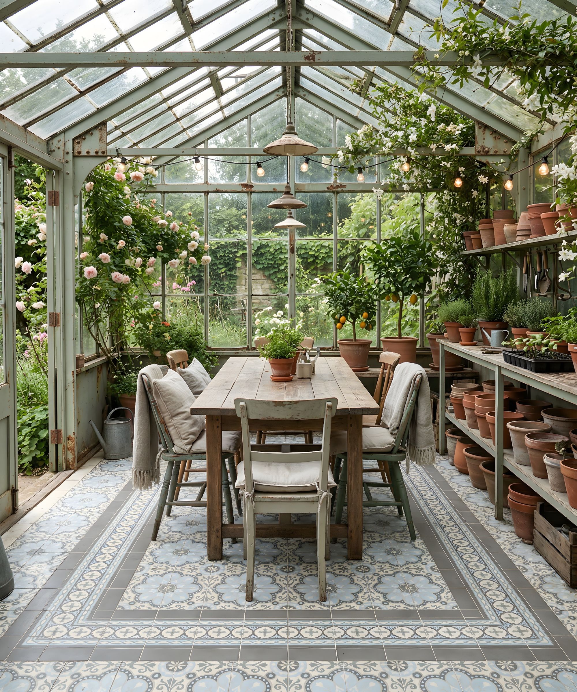 A glass greenhouse with patterned blue-grey floor tiles, wooden dining table, mismatched chairs, terracotta pots, and climbing roses.