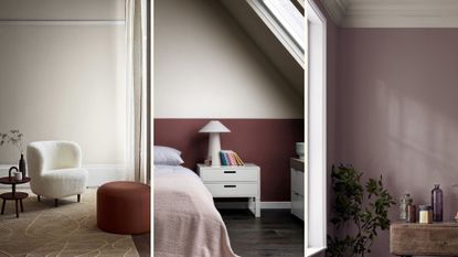 Compilation image of three rooms showing ways to decorate with magnolia paint colours