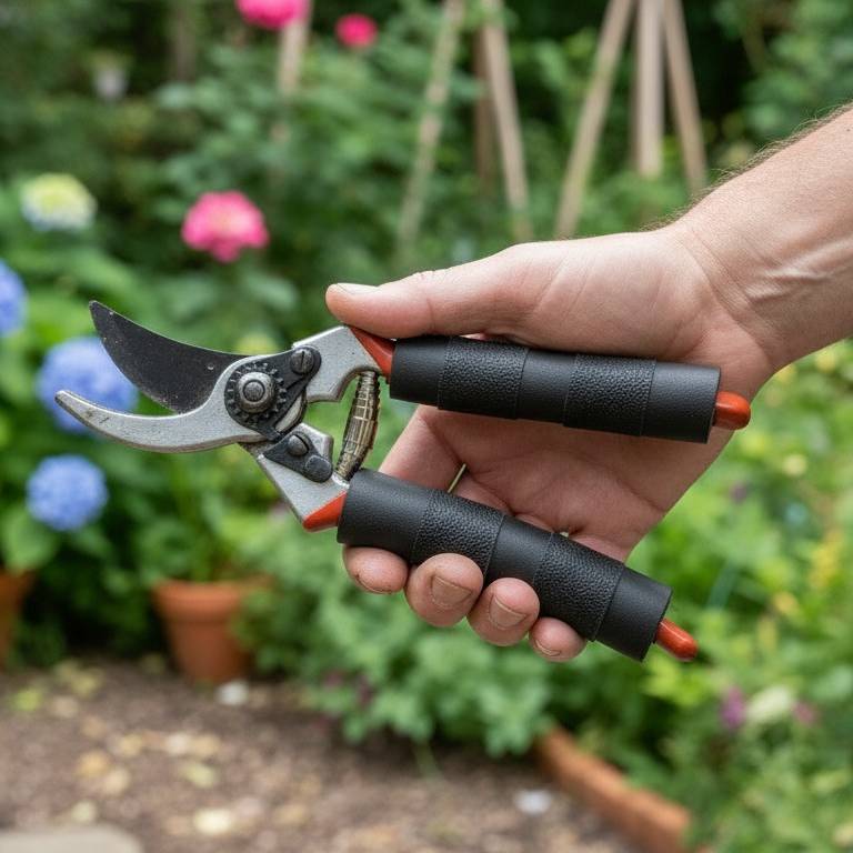 A hand in a garden holding pruning shears with foam taped around the handles