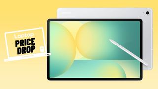 Silver Galaxy Tab S10 FE with S Pen against yellow gradient background.