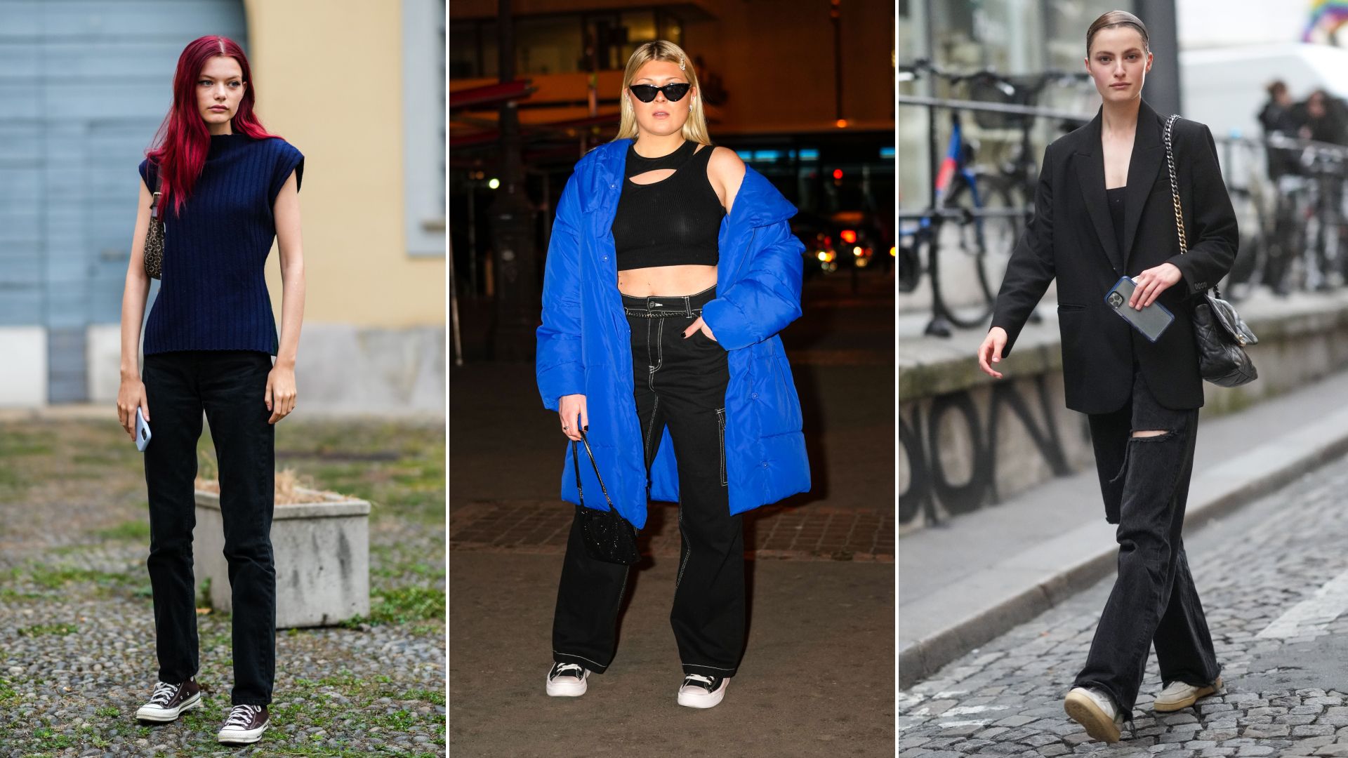 Geteiltes Bild von einem Model, das vor der Philosophy-Modenschau einen dunkelblauen und dunkelgrünen, coolen, ärmellosen Ripppullover, eine schwarze, ausgestellte Jeanshose, eine braune Umhängetasche aus beschichtetem Canvas mit weißem C-Logo von Celine und braune Turnschuhe von Converse All Star trägt die Mailänder Modewoche – Frühling/Sommer 2022 am 25. September 2021 in Mailand, Italien; Ein Gast trägt draußen eine schwarze Sonnenbrille, ein schwarzes ausgeschnittenes Brust-/Kurztop, eine königsblaue Electric Long Puffer-Jacke, eine schwarze Jeanshose aus Denim, eine schwarze Handtasche mit bestickten Strasssteinen, schwarze Schnürsneaker und eine Haarspange aus Gold und Strasssteinen Off-White, während der Paris Fashion Week; Ein Model trägt eine schwarze Blazerjacke, schwarze, zerrissene Jeans-Schlaghosen, eine schwarze, glänzende Chanel 19-Umhängetasche aus gestepptem Leder, ein schwarzes schulterfreies T-Shirt und weiße Ledersneaker vor Alaia im Rahmen der Paris Fashion Week Herbst/Winter 2021/2022, am 04. Juli 2021 in Paris, Frankreich