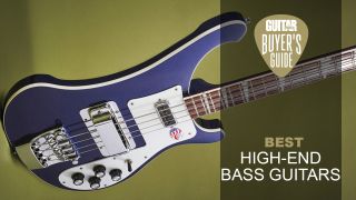 Blue Rickenbacker 4003 bass on a green background 