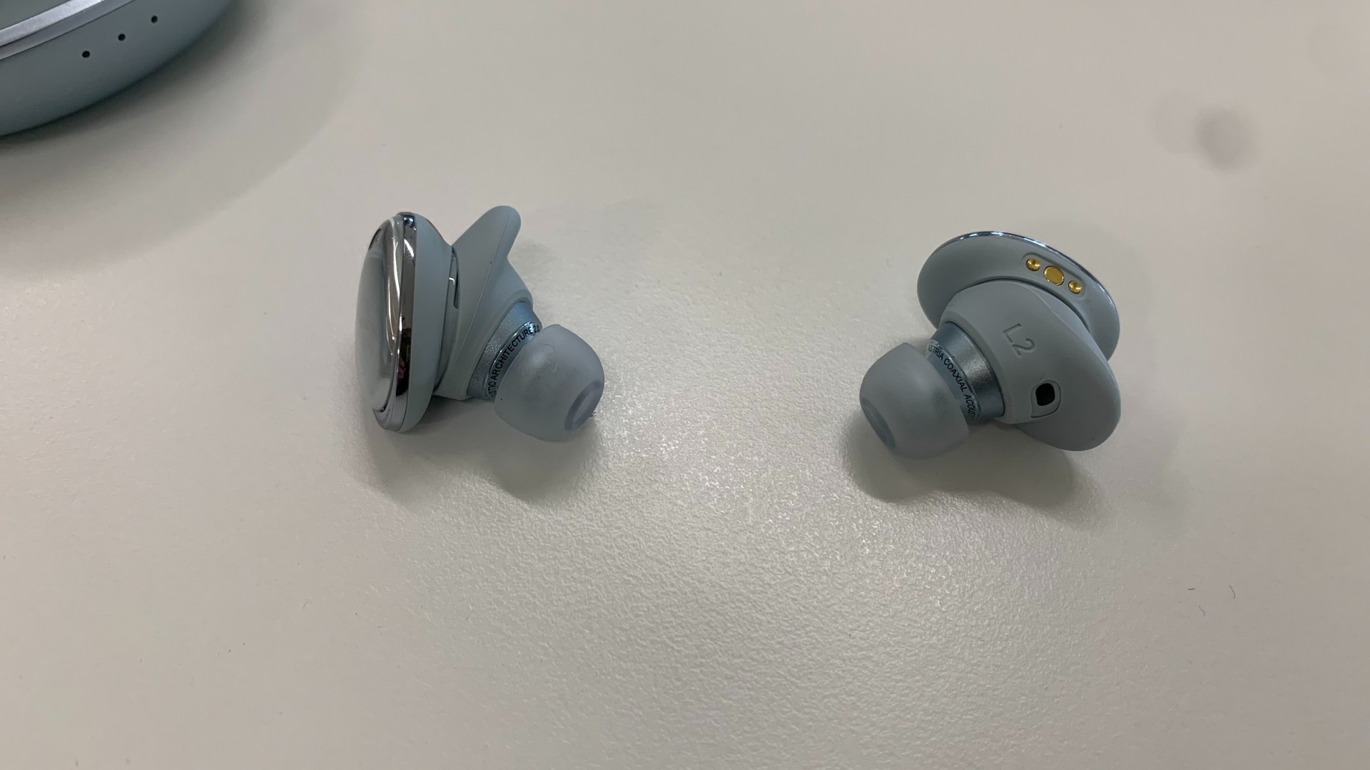 Close up image of Soundcore Liberty 3 Pro earbuds on their own with wings fitted