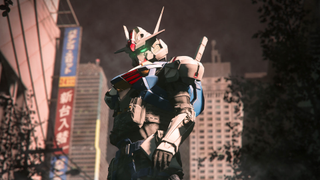 Gundam standing in a city