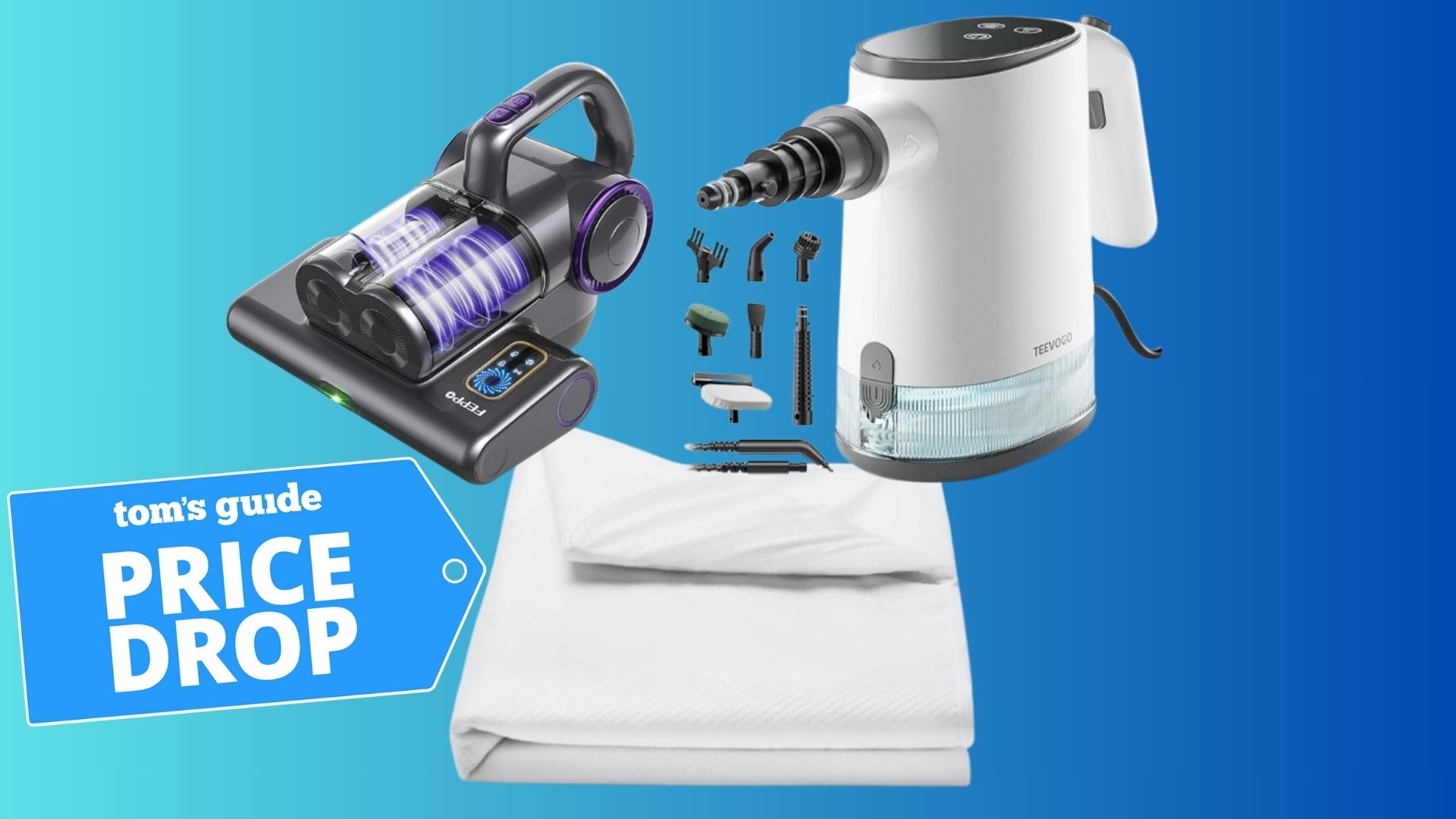 A mattress vacuum, protector and steam cleaner in a collage with a 'price drop' badge next to them