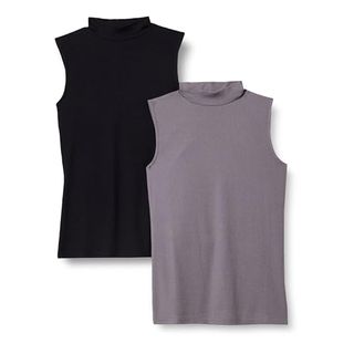 Amazon Essentials Women's Mock-Neck Slim-Fit Rib-Knit Sleeveless Top, Pack of 2, Grey/black, Small