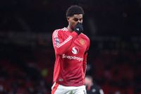 Marcus Rashford of Manchester United looks dejected after the Premier League match between Manchester United FC and Nottingham Forest FC at Old Trafford on December 07, 2024 in Manchester, England.