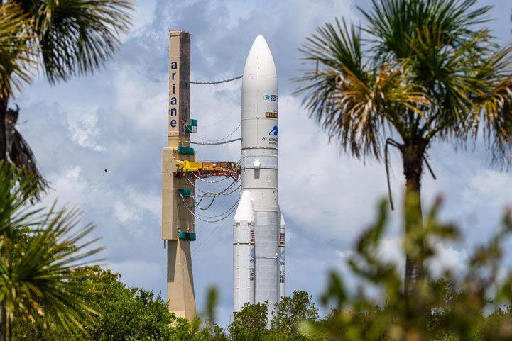 Arianespace&#039;s Ariane 5 rocket for the VA253 flight seen on its way to the launch pad in French Guiana on July 30, 2020.