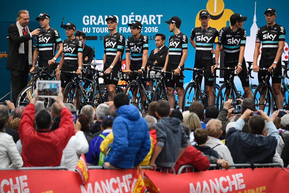 Team Sky on stage at the 2016 Tour de France team presentation