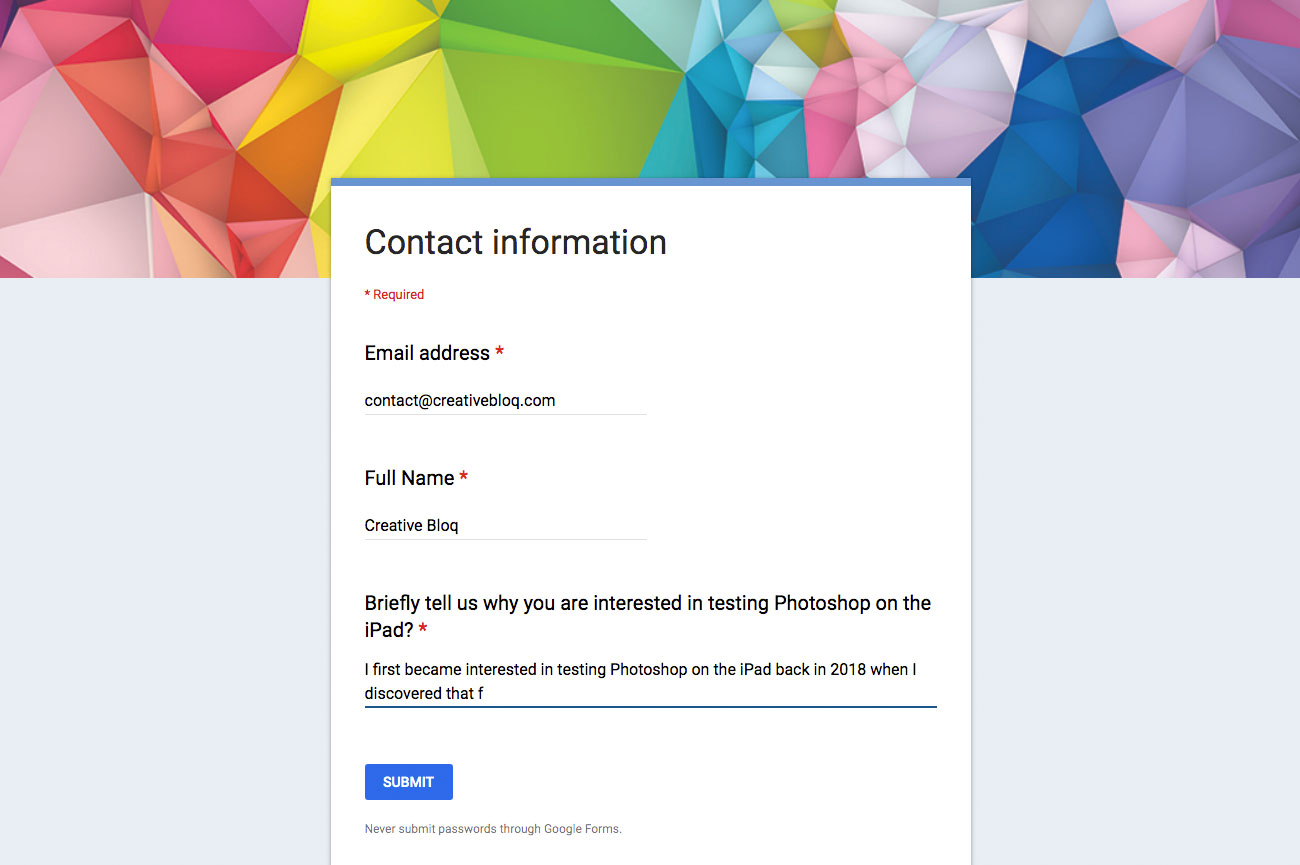 Photoshop CC for iPad application form