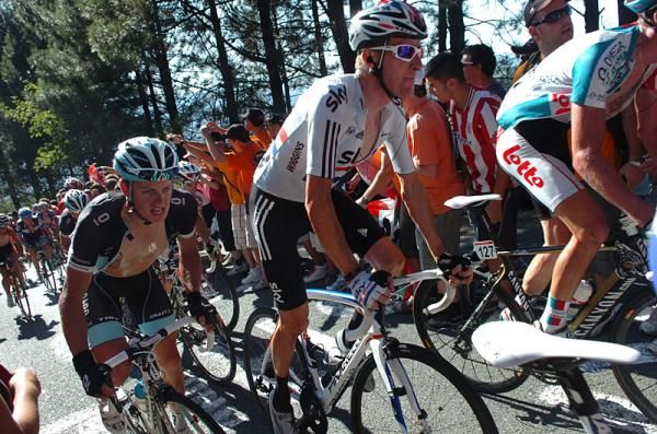 Bradley Wiggins (Sky) leads Jacob Fuglsang (Leopard Trek)