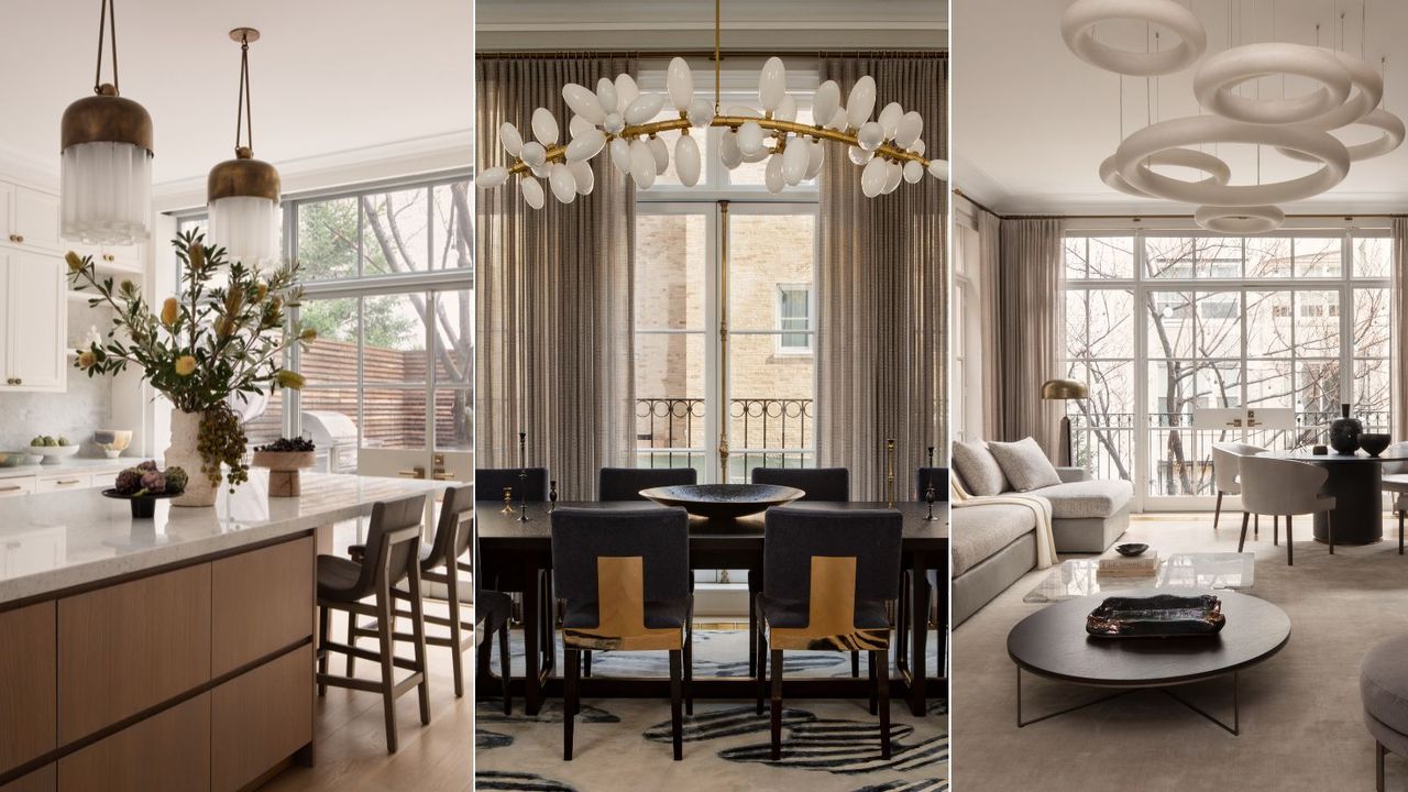 A neutral kitchen, dining room, and living room in a bright New York City penthouse