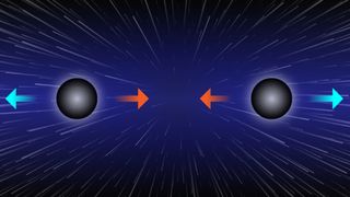 Two black holes can be held at a fixed distance when their gravitational attraction (red arrows) is offset by the cosmic expansion (blue arrows) associated with a cosmological constant. Such a situation would mimic a single black hole for faraway observers.