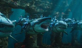 Warriors riding sharks in Aquaman