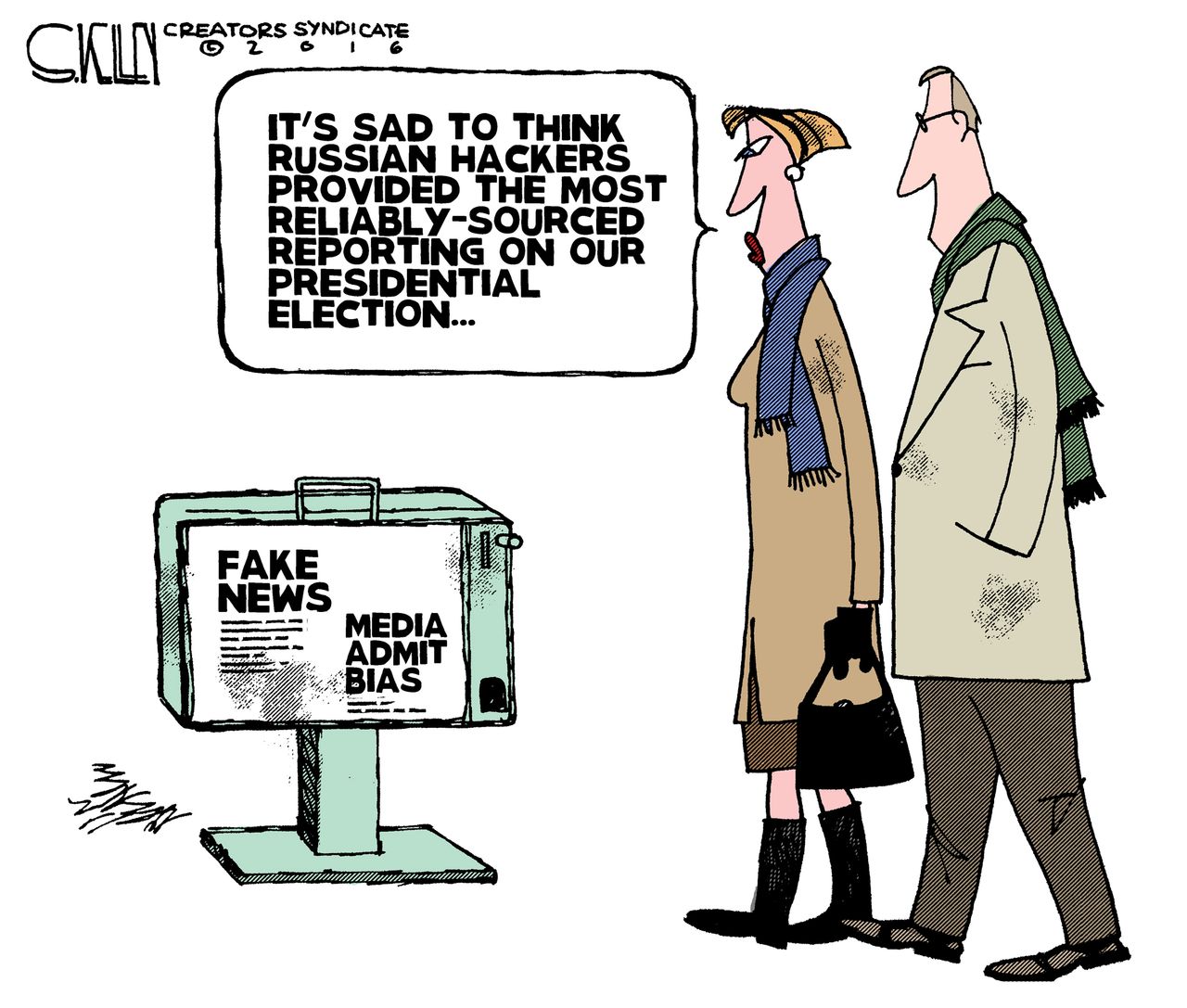 Political cartoon U.S. 2016 election Russian fake news