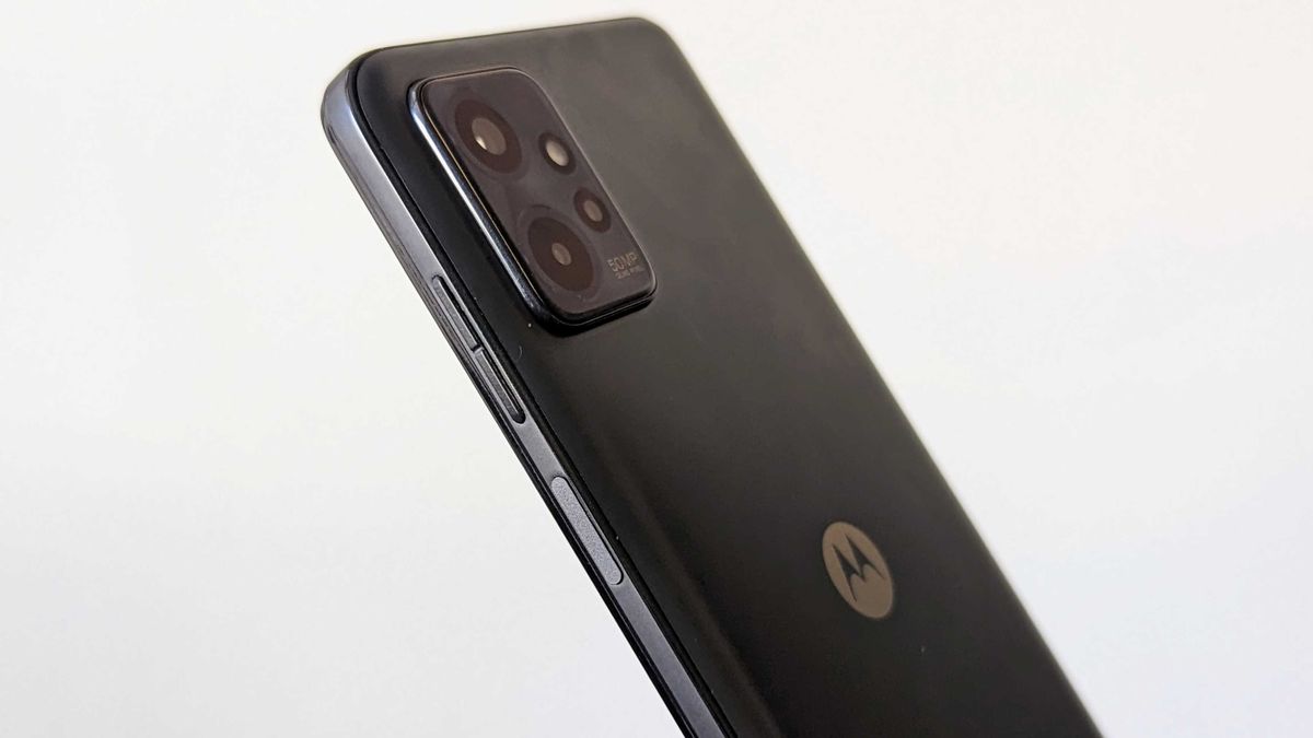 Moto G Power 5G from the side, showing the power button and volume keys