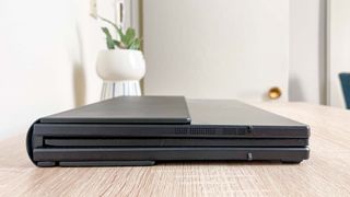 Asus Zenbook 17 Fold OLED review unit on side, lefthand side facing camera