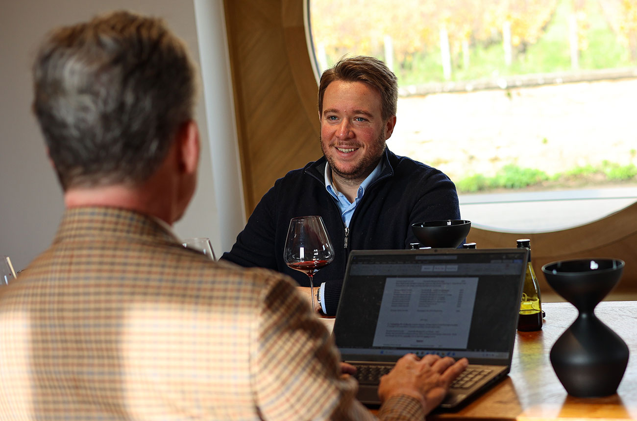 Charles tasting with Antoine Amiot-Servelle during Burgundy 2024 tastings